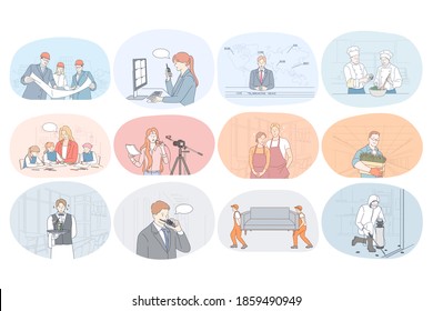 Professions, occupation, work, job, specialists, labor, business concept. People engineer operator presenter journalist cook nanny waiter farmer security guard loader manager during work