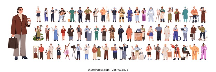 Professions, occupations and jobs set. Teacher, chef, doctor, construction worker, maid and waiter. Different work characters in various uniforms. Flat vector illustration isolated on white background