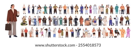 Professions, occupations and jobs set. Teacher, chef, doctor, construction worker, maid and waiter. Different work characters in various uniforms. Flat vector illustration isolated on white background