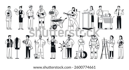 Professions, occupations and jobs set. Teacher, doctor, fireman, policeman and waiter. Various working characters in different uniforms. Doodle vector illustration, isolated
