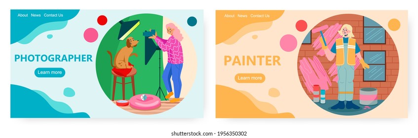 Professions and occupations landing page design, website banner vector template set. Photographer and wall painter.