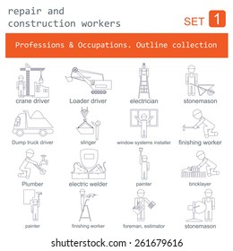 Professions and occupations outline icon set. Repair and construction workers. Flat linear design. Vector illustration