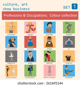 Professions and occupations outline icon set. Culture, art, show business. Coloured version. Vector illustration