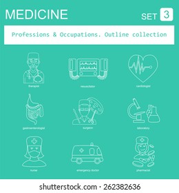 Professions and occupations outline icon set. Medical. Flat linear design. Vector illustration