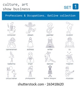 Professions and occupations outline icon set. Culture, art, show business. Flat linear design. Vector illustration