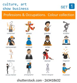 Professions and occupations outline icon set. Culture, art, show business. Coloured version. Vector illustration