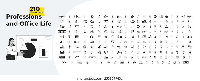 Profissões e vida de escritório esboços ilustrações pacote mega. Gerenciamento de projetos. Programação de pesquisa de emprego. Imagens lineares 2D do prazo do funcionário isoladas. Coleção de desenhos vetoriais em preto e branco