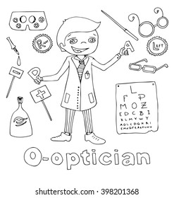 the professions optician in alphabetical order cartoon hand drawn outline for coloring adult isolated on the white background