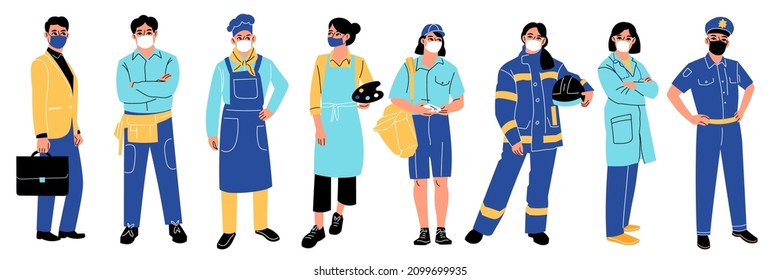 Professions people. Different professional characters, various staff in uniform, workers in medical masks. Standing artist, chef and postman, policeman and doctor, vector isolated set
