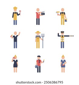 Professions people icons set. Man and woman characters. Suitable for use in applications, infographics, web, social networks. Professional occupation icon set.