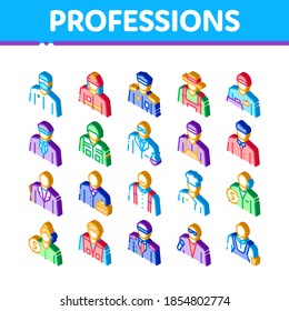 Professions People Icons Set Vektor. Isometrische Polizisten und Bauern, Feuerwehrleute und Soldaten, Geschäftsleute und Geschäftsfrau, Illustrationen aus Holz und Bauern
