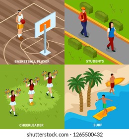 Professions of people isometric design concept with basketball player and surfers cheerleaders and students isolated vector illustration