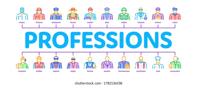 Professions People Minimal Infographic Web Banner Vector. Policeman And Farmer, Fireman And Soldier, Businessman And Businesswoman, Barber And Builder Illustration