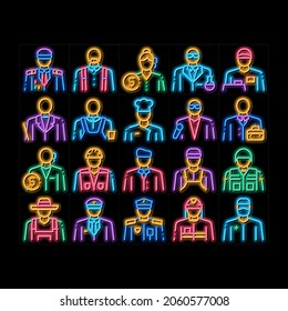 Professions People neon light sign vector. Glowing bright icon  Policeman And Farmer, Fireman And Soldier, Businessman And Businesswoman, Barber And Builder Illustrations