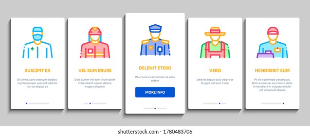 Professions People Onboarding Mobile App Page Screen Vector. Policeman And Farmer, Fireman And Soldier, Businessman And Businesswoman, Barber And Builder Illustrations