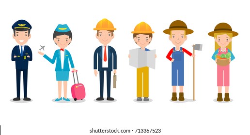 professions for people ,set of cute professions for person isolated on white background, pilot,air hostess, engineering,farmer, dream jobs, Vector Illustration