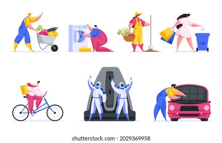 Professions people set vector flat illustration. Farmer is driving wheelbarrow with collected vegetables and fruits. Plumber is fixing washing machine. Astronauts near rocket are ready for flight.