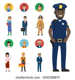 Professions people vector icons set. Different profession cartoon characters in uniform with instruments and implements isolated on white. Occupations flat illustration for labor day, job concepts