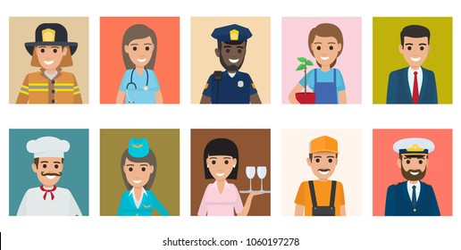Professions people vector icons set. Different profession men and women cartoon characters in uniform isolated on colorful backgrounds. Occupations avatars flat illustration for labor day, job concept