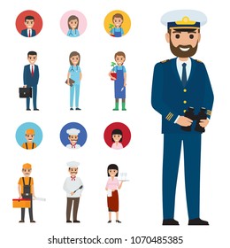 Professions people vector icons set. Different profession cartoon characters in uniform with instruments and implements isolated on white. Occupations flat illustration for labor day, job concepts