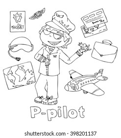 the professions pilot in alphabetical order cartoon hand drawn outline for coloring adult isolated on the white background