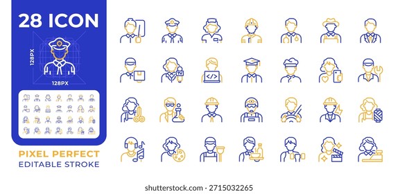Profissões pixel perfeito dois conjunto de ícones de linha de cor. Profissionais de diferentes profissões. Variedade de trabalho bicolor outtwo cor linha iconset isolado. Pictogramas duotônicos lineares finos. Traçado editável