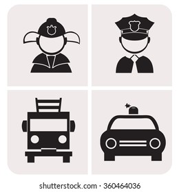 Professions. Policeman and firefighter. People at work. Set. Vector icon.