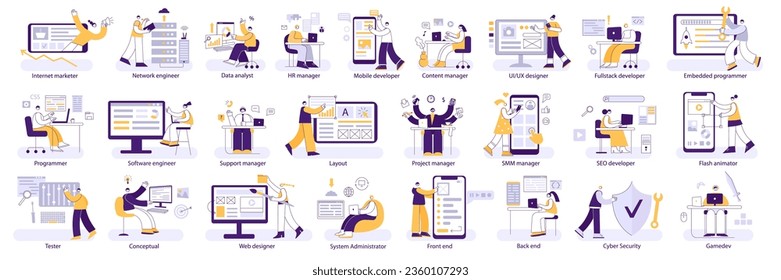 IT professions. Programmers and designers, engineers and managers, front and back end developers. Different digital jobs corporate vector illustration set. Tester, administrator and hr