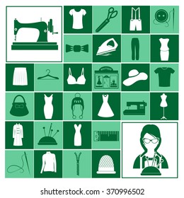 Professions. Seamstress . People at work. Set. Vector icon.