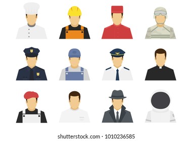 Professions set avatar icons. Male or female people characters. Cook, builder, concierge, soldier, policeman, pilot, artist, sportsman, detective, cosmonaut, plumber. Flat simple vector illustration.