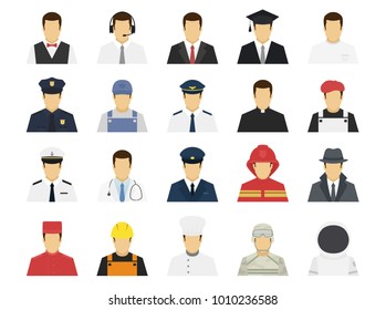 Berufe setzen Avatar-Symbole. Charaktere männlicher oder weiblicher Personen. Kellner, Support-Mitarbeiter, Geschäftsmann, Student, Polizist, Pilot, Arzt, Fahrer, Feuerwehrmann, Koch, Baumeister. Flache, einfache Vektorgrafik.