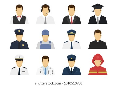 Professions set avatar icons. Waiter, support worker, businessman, student, policeman, plumber, pilot, doctor, driver, fireman. Flat simple vector illustration.