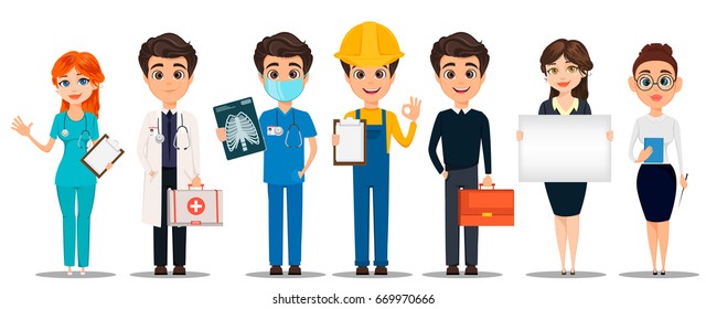 Professions. Set of cartoon characters. Doctors, builder, business man, business woman and teacher. Vector illustration