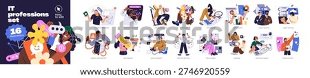 IT professions set. Different workers in information technology industry: programmers, developers, designers, engineers and analysts. Work in development. Flat isolated vector illustrations on white