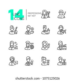 Professions - set of line design style icons isolated on white background. High quality black pictograms. Judge, painter, cook, pilot, photographer, sailor, operator, musician, electric welder