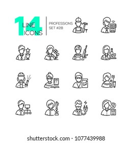 Professions - set of line design style icons isolated on white background. High quality black pictograms. Builder, sportsman, gardener, soldier, firefighter, waitress, teacher, accountant, programmer