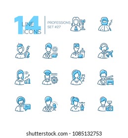 Professions - set of line design style icons isolated on white background. High quality black, blue pictograms. Judge, painter, cook, pilot, photographer, sailor, operator, musician, electric welder