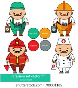 Professions set. Mechanic, worker, doctor, fireman characters in cartoon style. Men in uniform. vector illustration