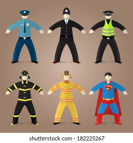 Professions set of policeman, fireman and superman guardians