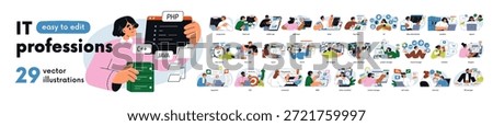 IT professions set. Software development, web design, programming, marketing. Information technology business. People work on internet. Flat graphic vector illustrations isolated on white background