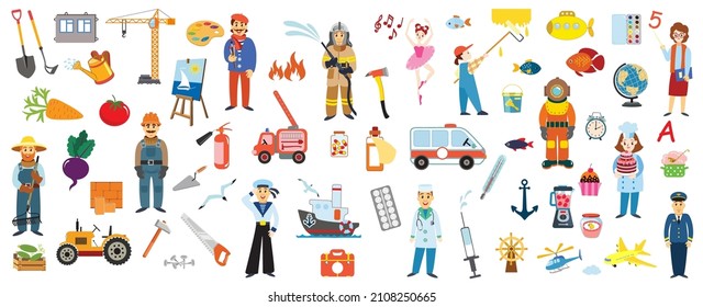 Professions and their attributes: farmer, artist, fireman, ballerina, painter, builder, sailor, doctor, diver, confectioner, teacher, pilot.