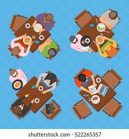 Professions Top View Design Composition With Business People Working Eating And Talking In Restaurant Or Cafe Flat Vector Illustration 