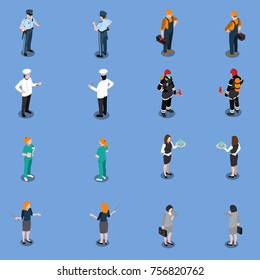 Professions uniform isometric people set of isolated human characters in various uniform representing different occupations vector illustration