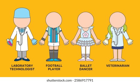 Professions Uniforms: Laboratory Technologist, Football Player, Ballet Dancer, Veterinarian