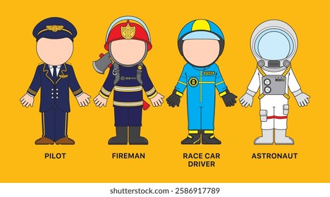 Professions Uniforms: Pilot, Fireman, Racer, Astronaut.