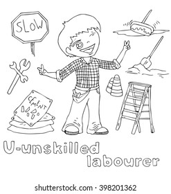 the professions unskilled labourer in alphabetical order cartoon hand drawn outline for coloring adult isolated on the white background