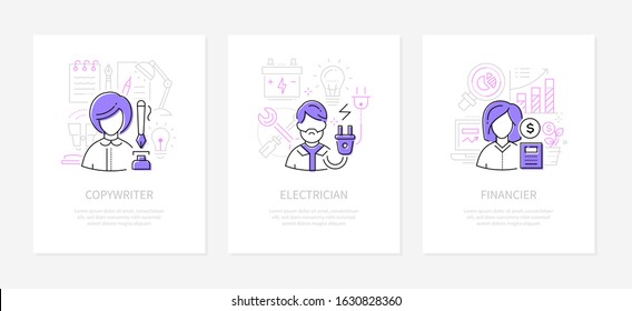 Professions - vector line design style banners set with place for text. Copywriter, electrician and financier images. Different specialists, professionals. Content manager, financial advisor, engineer