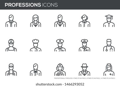 Professions vector line icons set. Human characters, avatars. Cook, doctor, policeman, nurse, fireman, worker. Editable stroke. Perfect pixel icons, such can be scaled to 24, 48, 96 pixels.