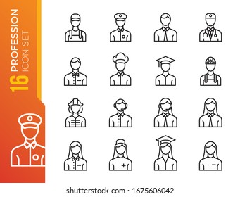 Professions vector line icons set. Human characters, avatars. Cook, doctor, policeman, nurse, fireman, worker. Editable stroke.