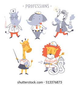 Professions vector set. Animals. Doctor, policeman, scientist, teacher, fireman. Isolated on white background